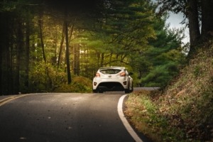White Hyundai driving in the forest - Hyundai Performance Chips improve gas mileage