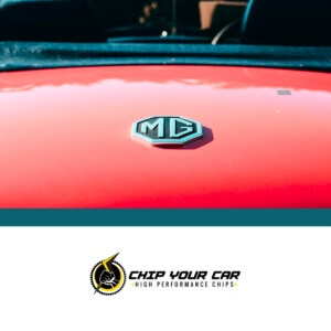 MG vehicle emblem on red hood - chip your car performance chips